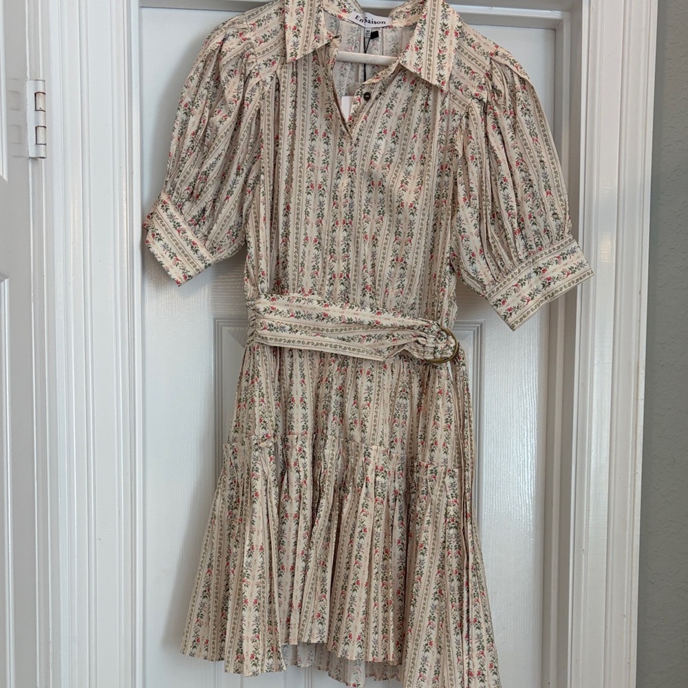 En Saison Cream Floral Mini Dress with Self Tie Belt